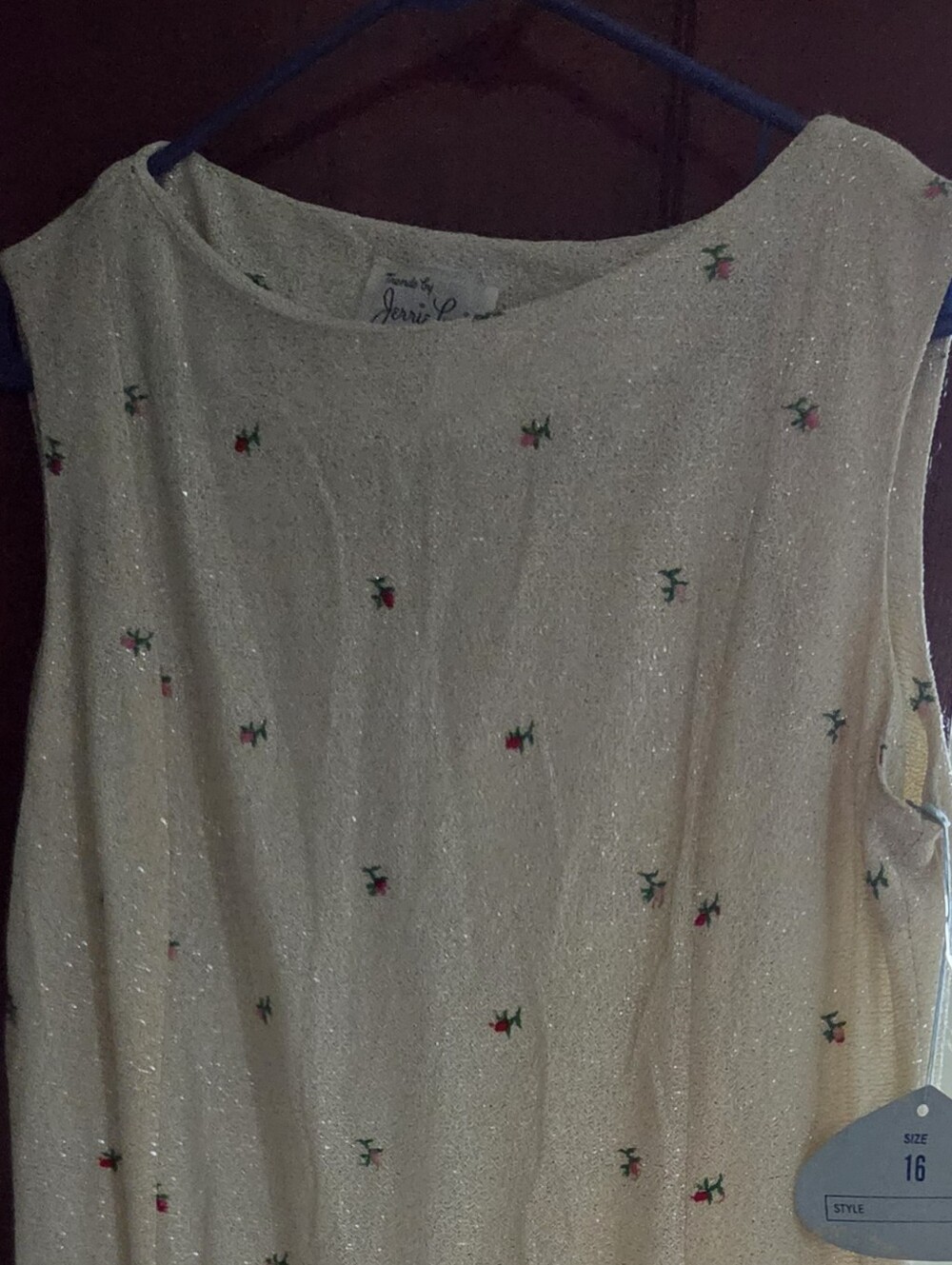 Sleeveless Cream Midi Dress with Tiny Red Floral Embroidery